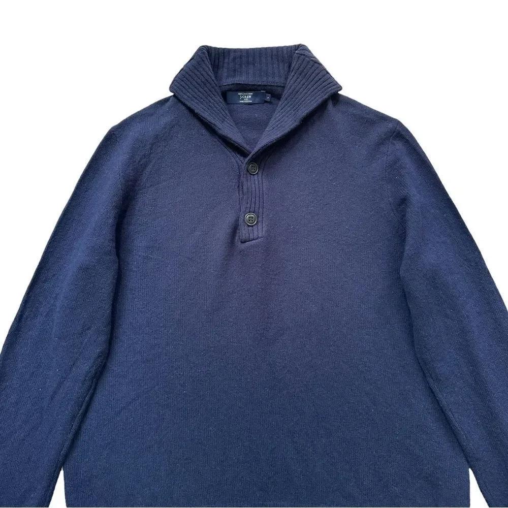 🔃J. Crew Men’s Blue Lambswool Shawl Collar Front Button Pullover Sweater